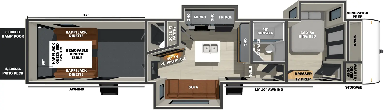 The Shockwave 4017GX floorplan has two entries and three slide outs. Exterior features include: fiberglass exterior and 10'10" awning. Interiors features include: kitchen island, front bedroom and bathroom and a half.